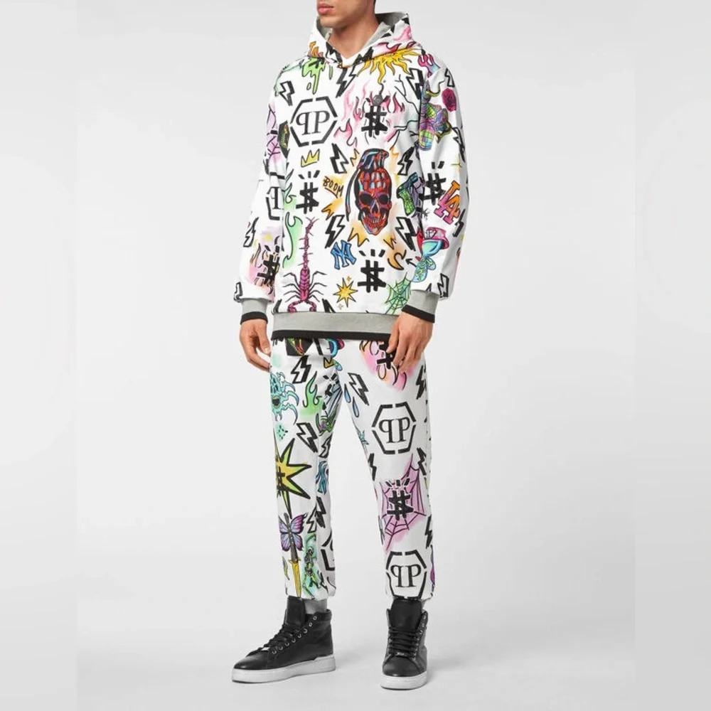 Philipp Plein Tracksuit Zipper‎ Jacket w/ Joggers Tattoo Punk Rocker White XXXL